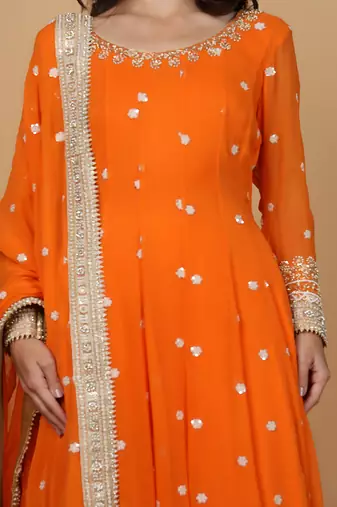 orange cutdana sequnis and beadwork georgette anarkali suit