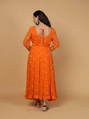 orange cutdana sequnis and beadwork georgette anarkali suit 4