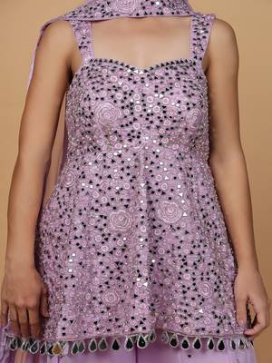 lavender mirror work georgette peplum sharara set 3