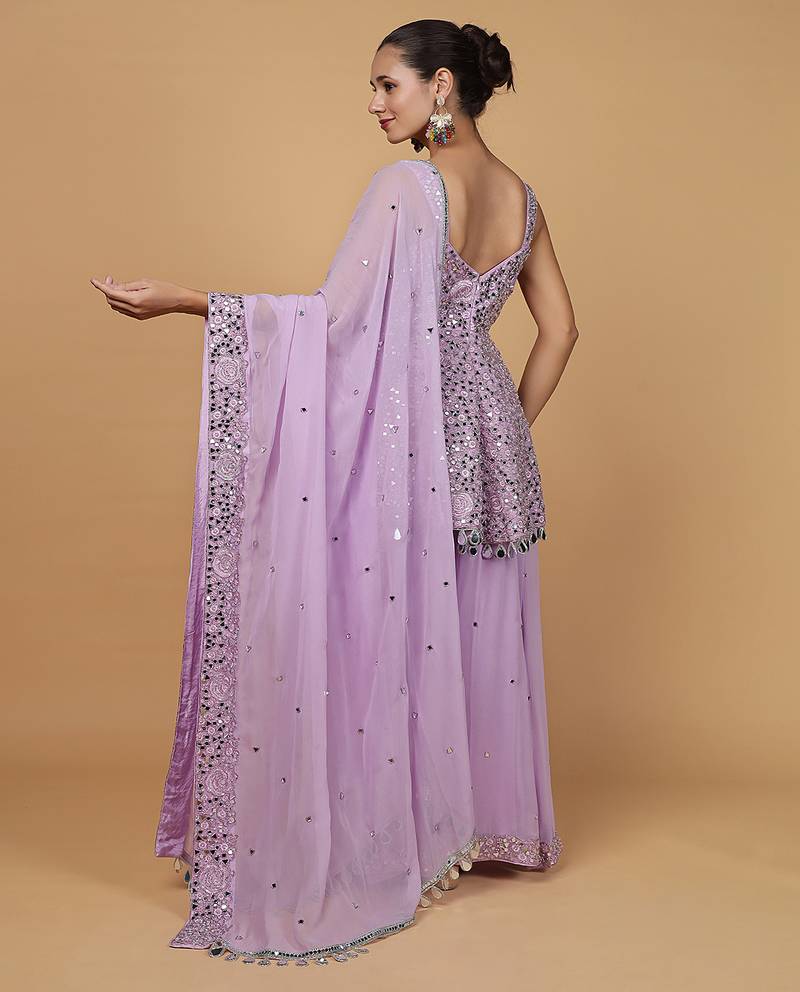 Lavender mirror work georgette peplum sharara set