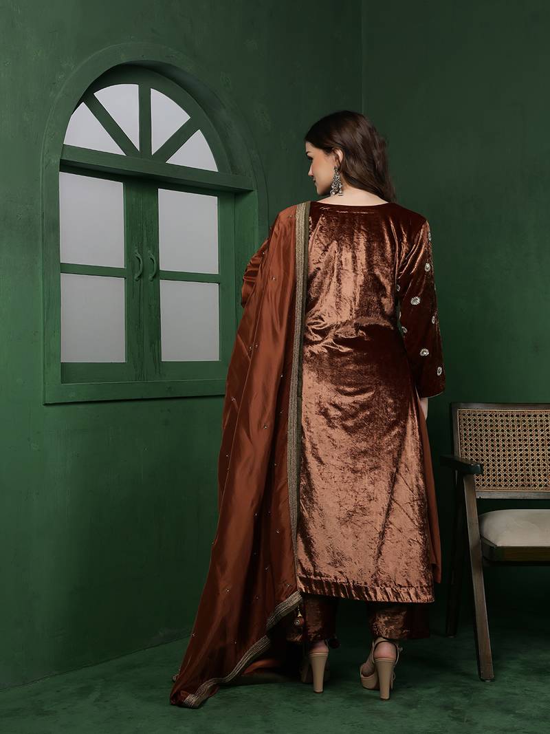 Brown velvet kurta set