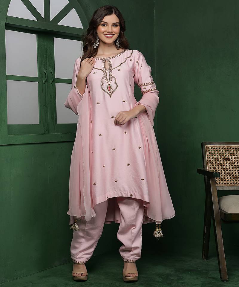 Light pink cutdana and pearl katan silk kurta set