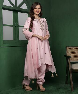 light pink cutdana and pearl katan silk kurta set 2