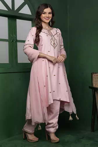 light pink cutdana and pearl katan silk kurta set
