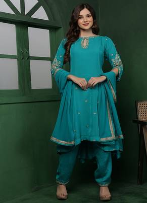 teal embroidered organza kurta set 1