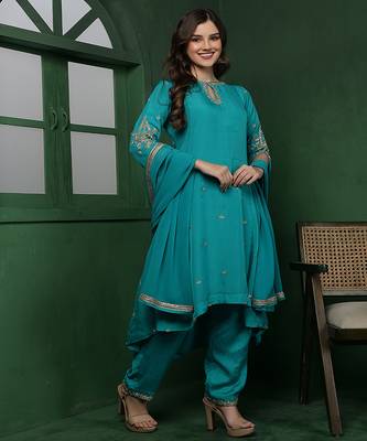 teal embroidered organza kurta set 2