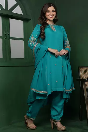 teal embroidered organza kurta set