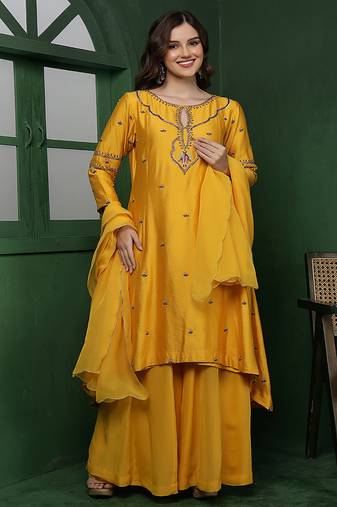Mustard cutdana and pearl katan silk kurta set