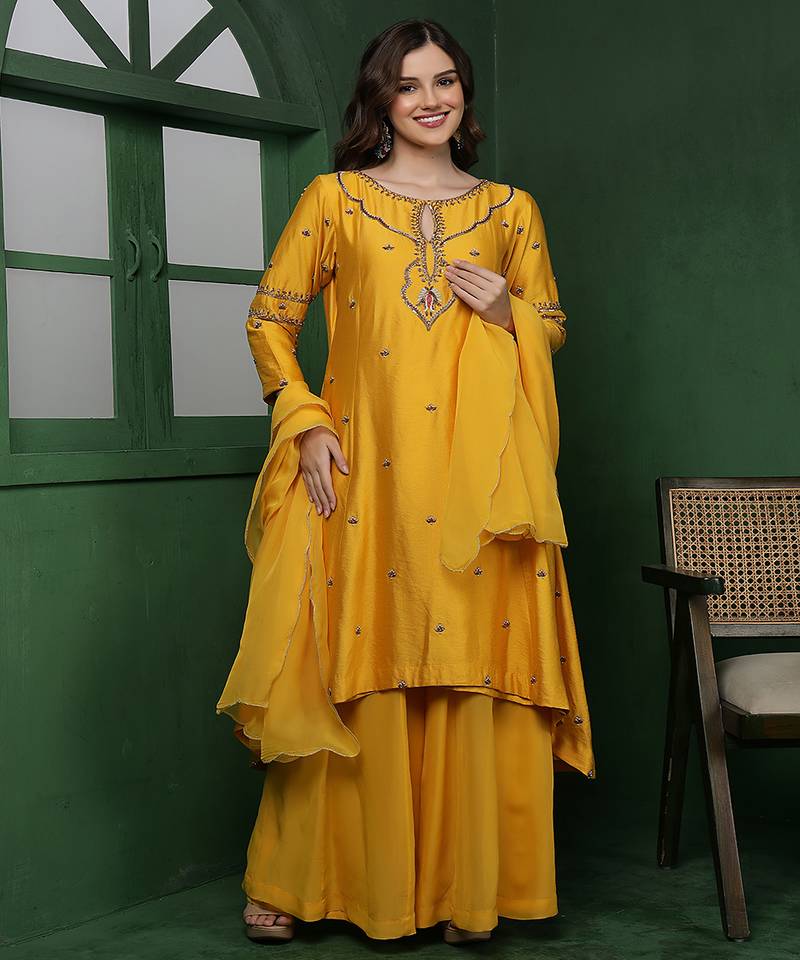 Mustard cutdana and pearl katan silk kurta set