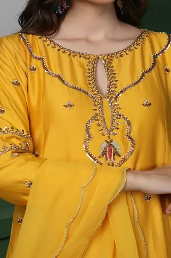 mustard cutdana and pearl katan silk kurta set