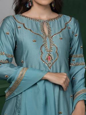 dull teal cutdana and pearl katan silk kurta set 2