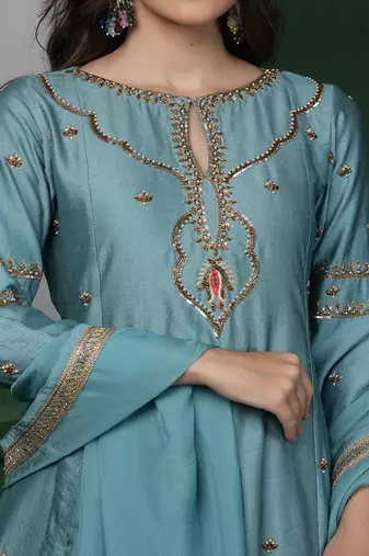 dull teal cutdana and pearl katan silk kurta set