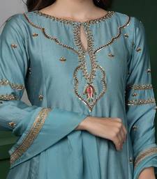 Dull teal cutdana and pearl katan silk kurta set