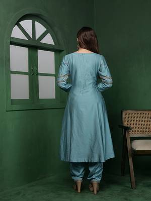 dull teal cutdana and pearl katan silk kurta set 3