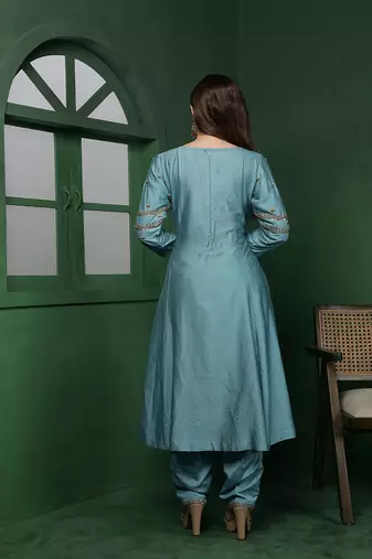 dull teal cutdana and pearl katan silk kurta set
