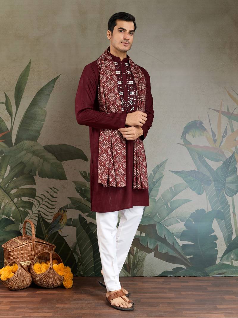 Maroon pure viscose real mirror with jari weaving work wedding festival party wear straight kurta with dupatta