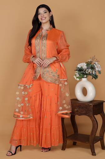 Orange chanderi georgette sharara set with