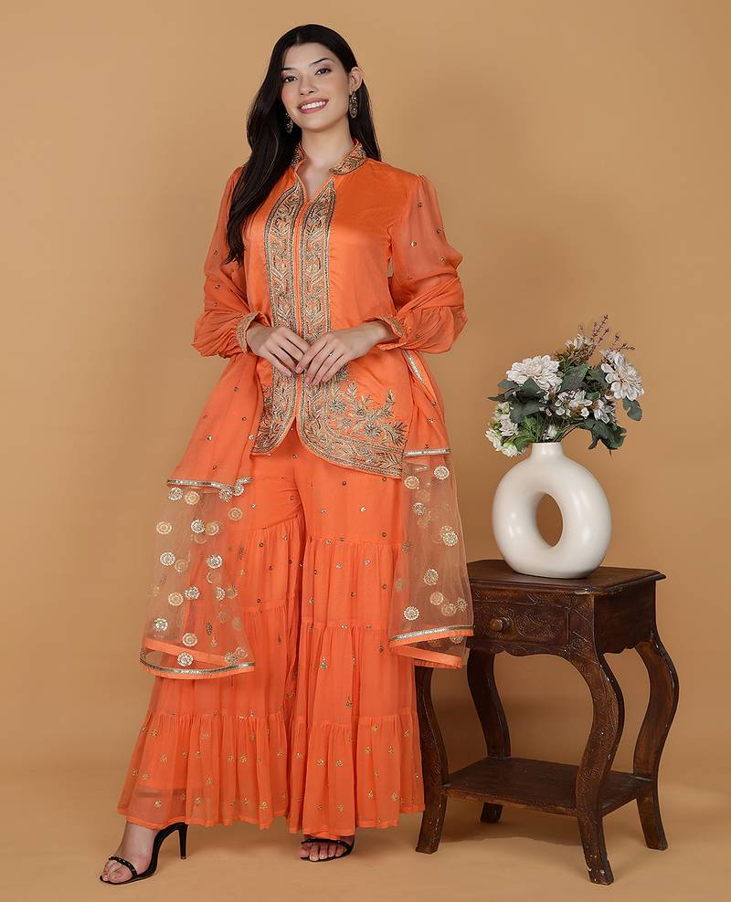 Orange chanderi georgette sharara set with