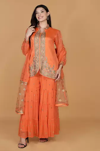orange chanderi georgette sharara set with