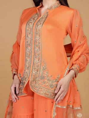 orange chanderi georgette sharara set with 3