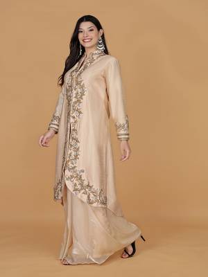 light peach raw silk stone and crystal work long jacket with shimmer organza drape skirt 1