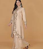 Light peach raw silk stone and crystal work long jacket with shimmer organza drape skirt