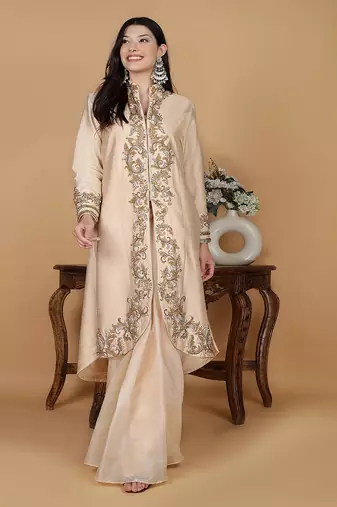 light peach raw silk stone and crystal work long jacket with shimmer organza drape skirt