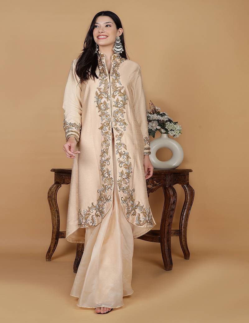Light peach raw silk stone and crystal work long jacket with shimmer organza drape skirt