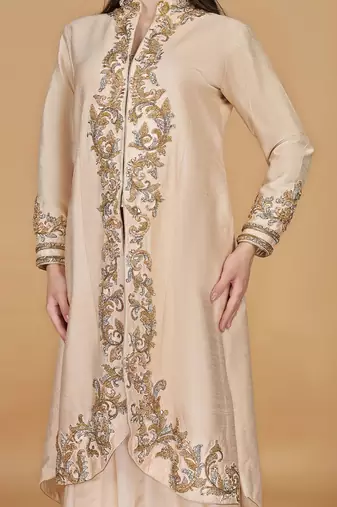 light peach raw silk stone and crystal work long jacket with shimmer organza drape skirt