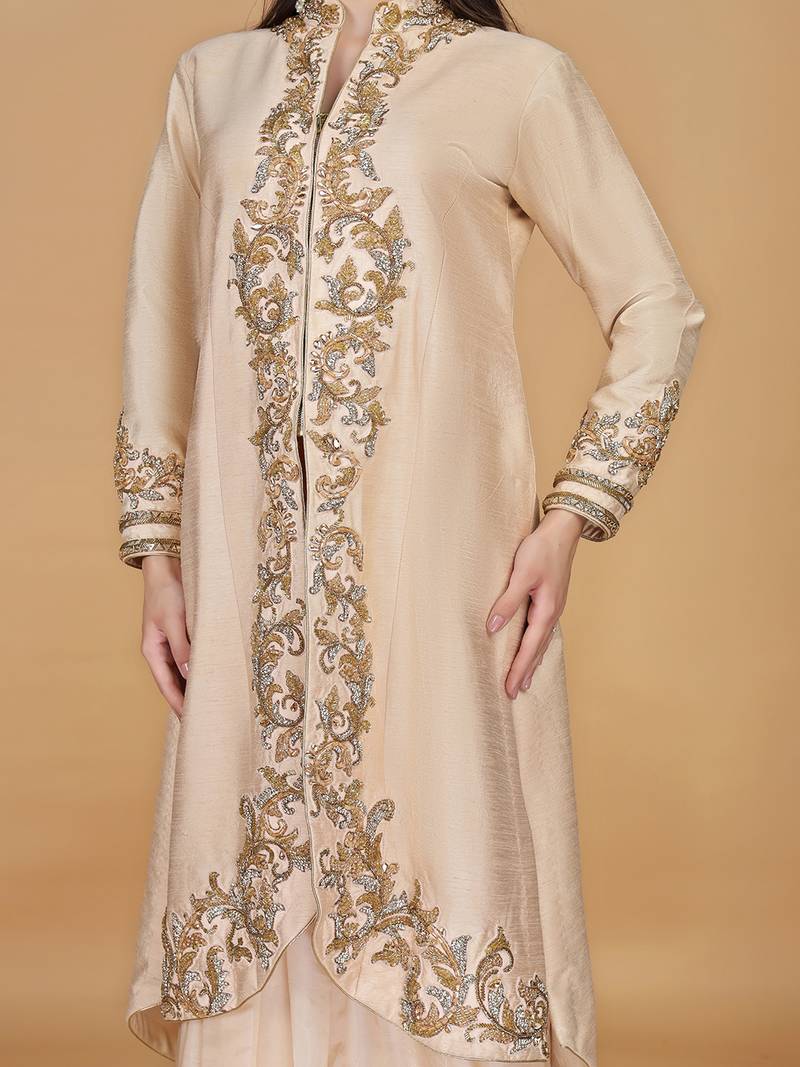 Light peach raw silk stone and crystal work long jacket with shimmer organza drape skirt