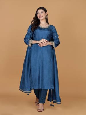 blue silk pearl cutdana work three piece set 1