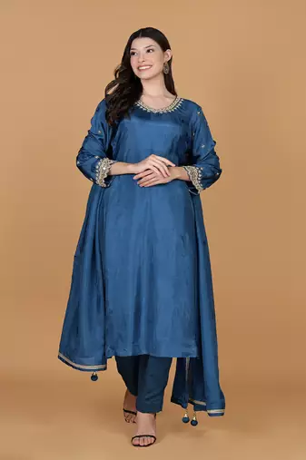blue silk pearl cutdana work three piece set