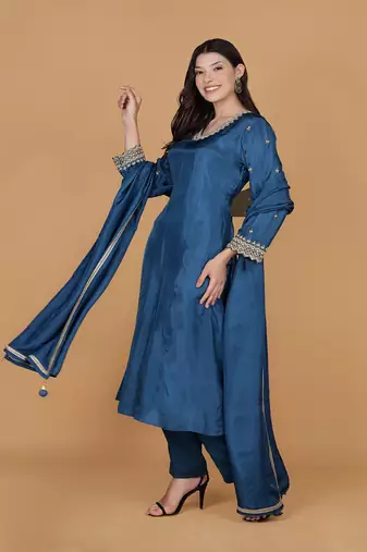 blue silk pearl cutdana work three piece set