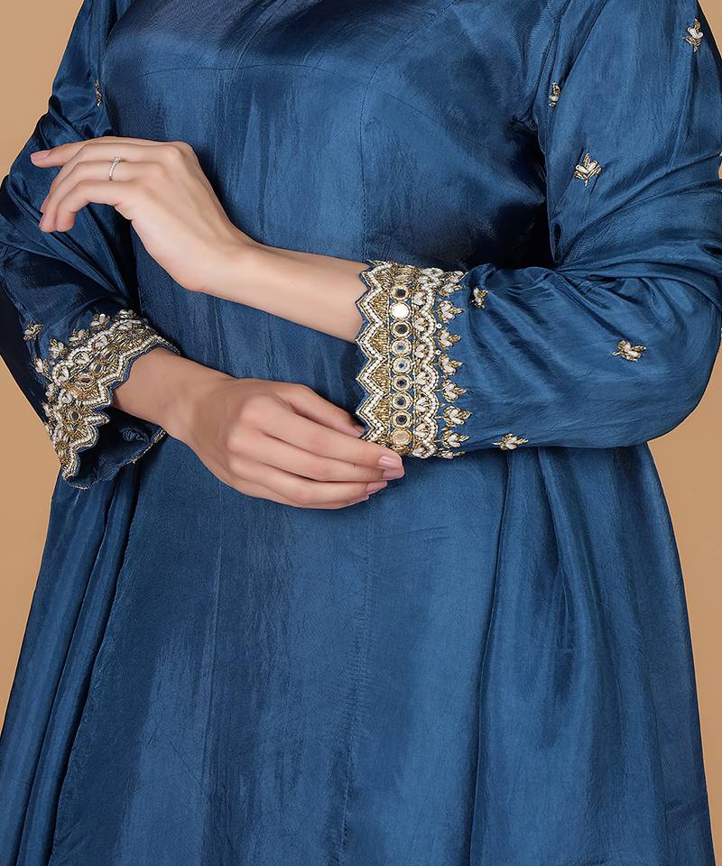 blue silk pearl cutdana work three piece set