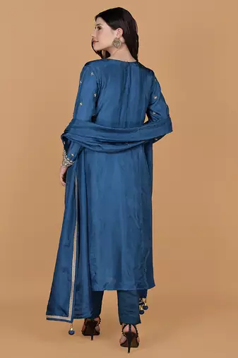 blue silk pearl cutdana work three piece set