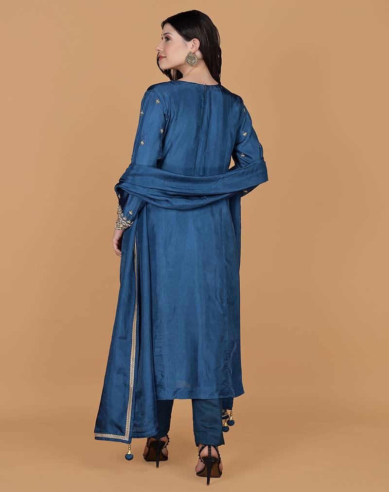 blue silk pearl cutdana work three piece set