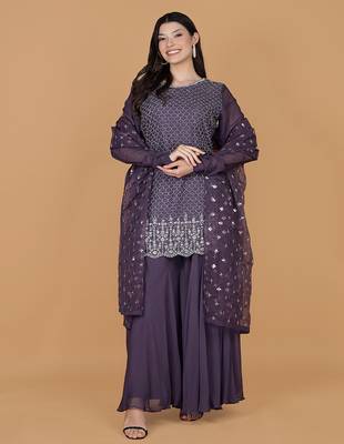 dull purple silk georgette cutdana kurti set with 1