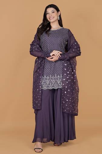 dull purple silk georgette cutdana kurti set with