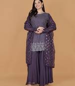 Dull purple silk georgette cutdana kurti set with