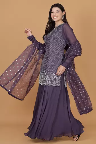 dull purple silk georgette cutdana kurti set with
