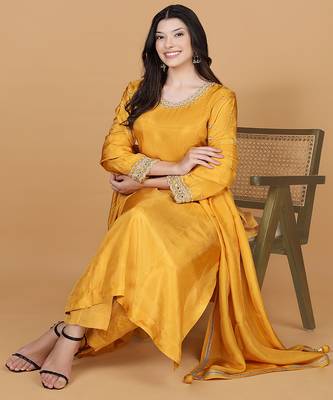 mustard  opara silk pearl cutdana work three piece set 1