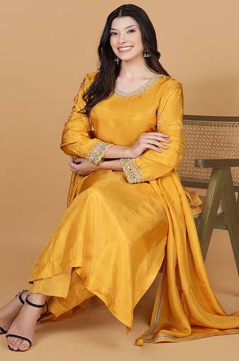 Mustard  opara silk pearl cutdana work three piece set