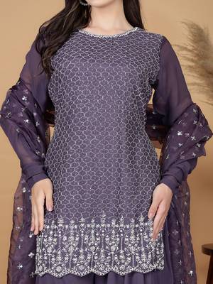 dull purple silk georgette cutdana kurti set with 3