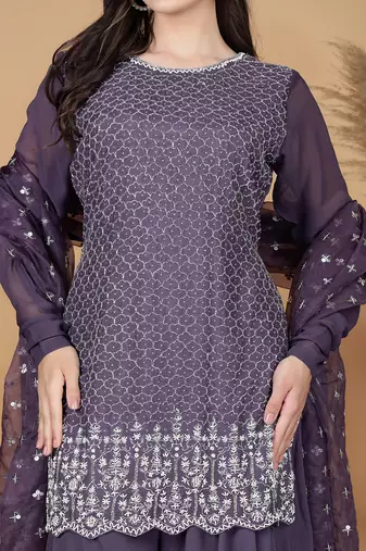 dull purple silk georgette cutdana kurti set with