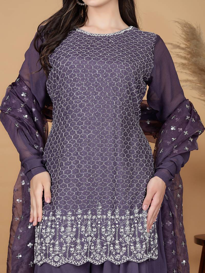 Dull purple silk georgette cutdana kurti set with