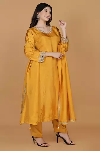 mustard  opara silk pearl cutdana work three piece set