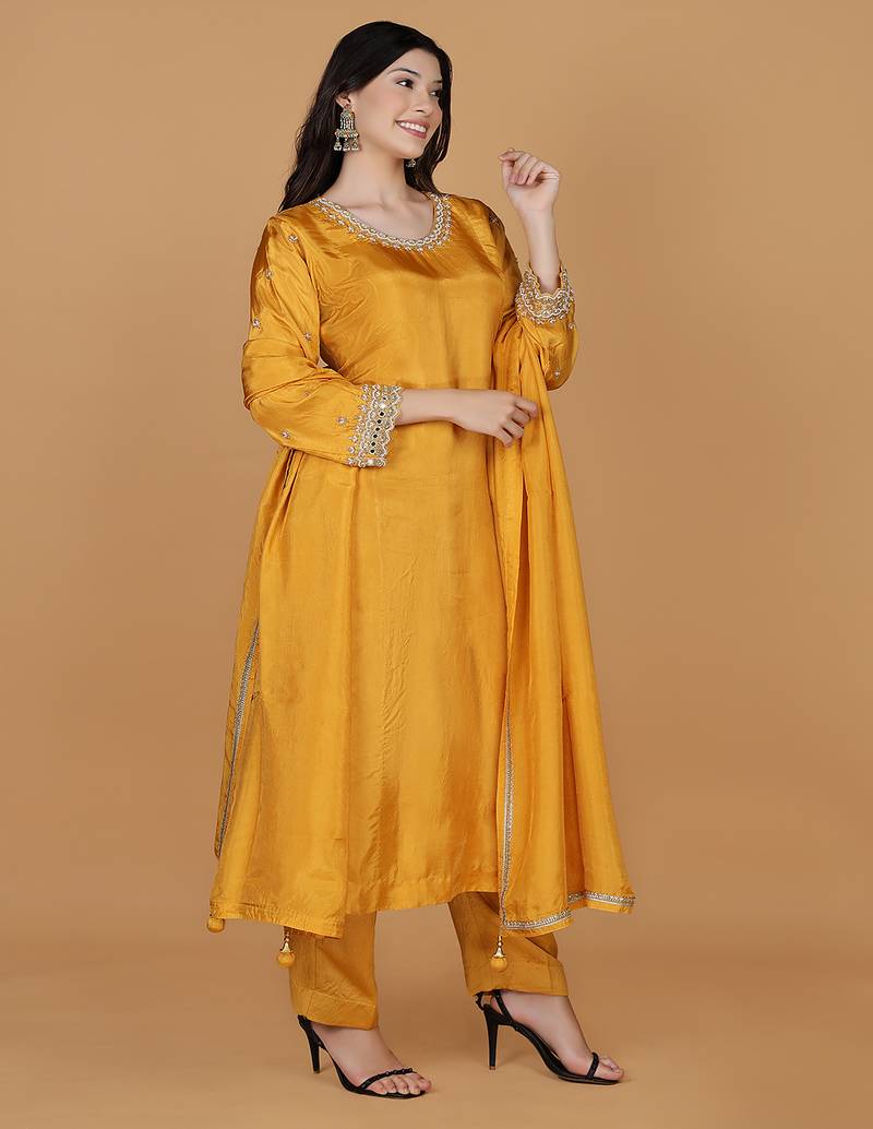 Mustard  opara silk pearl cutdana work three piece set