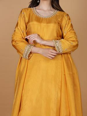 mustard  opara silk pearl cutdana work three piece set 3