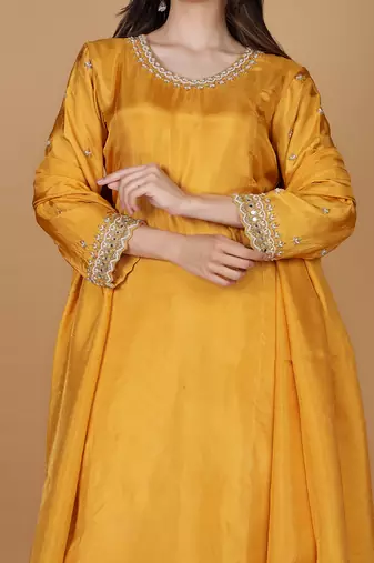 mustard  opara silk pearl cutdana work three piece set