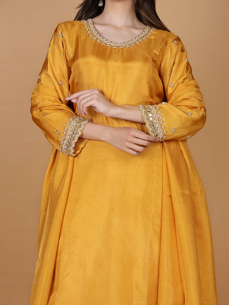 Mustard  opara silk pearl cutdana work three piece set